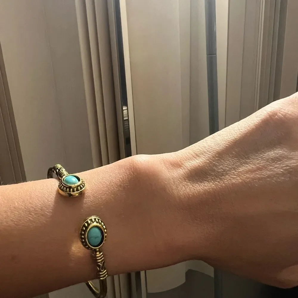 Bohemian Open Cuff Turquoise Bangle Bracelet Silver and Gold Pated
